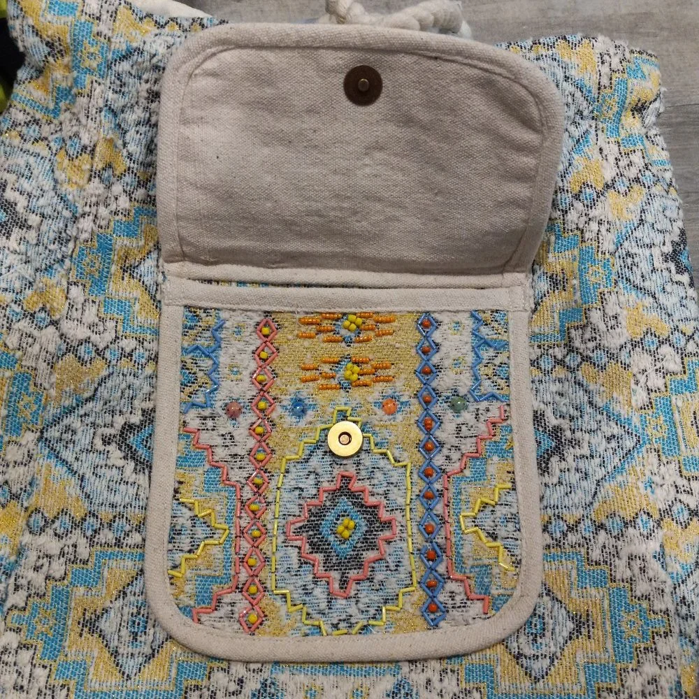 Boho Chic Backpack - Ethnic Inspired Pattern - Hand Beaded Accents - Fine Cotton